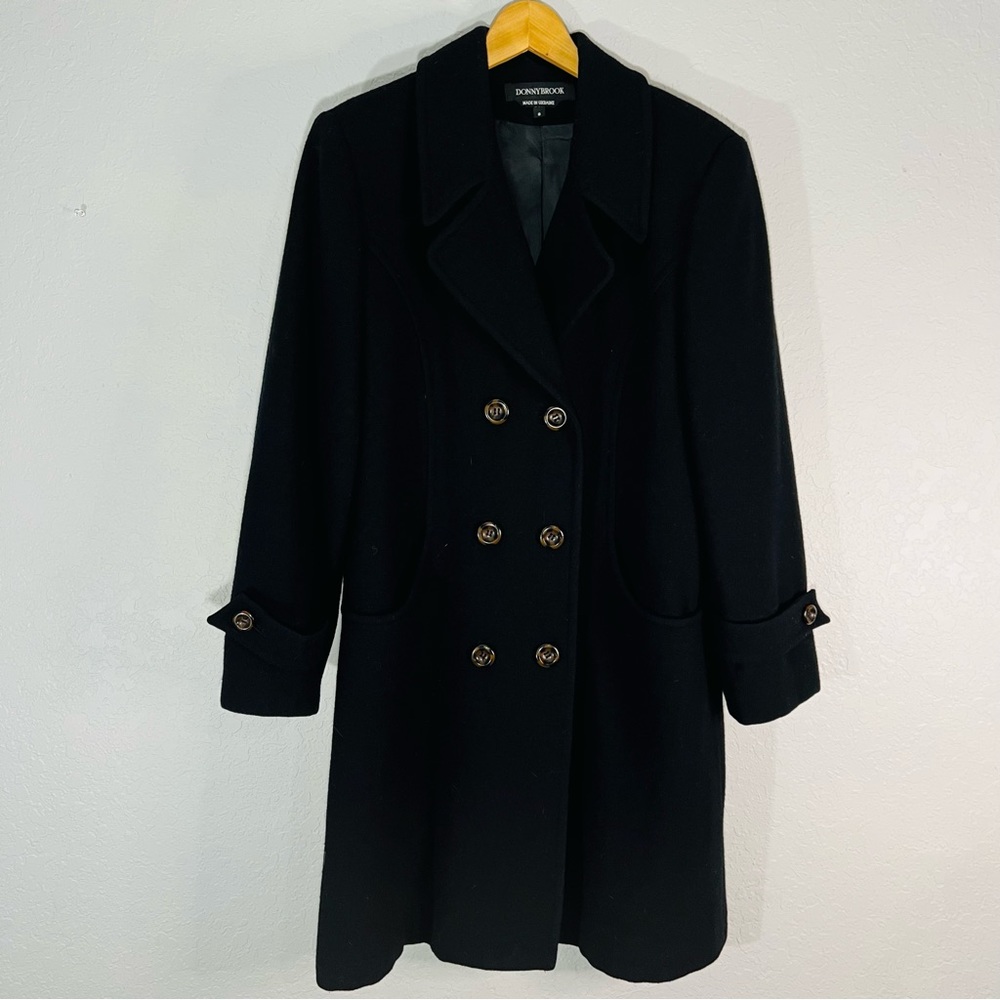 Donnybrook Black Winter Pea Coat Size 8  Lined Knee Length 2 Pockets 100% Wool